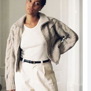 OZMA Beige Cable Knit Zip Cardigan